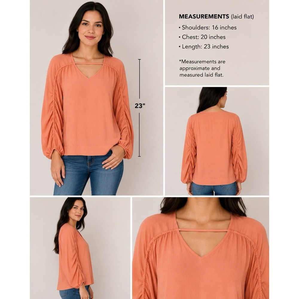 Worthington Peach Coral V Neck Bar Strap Ruched Balloon Sleeve Blouse Top Size S